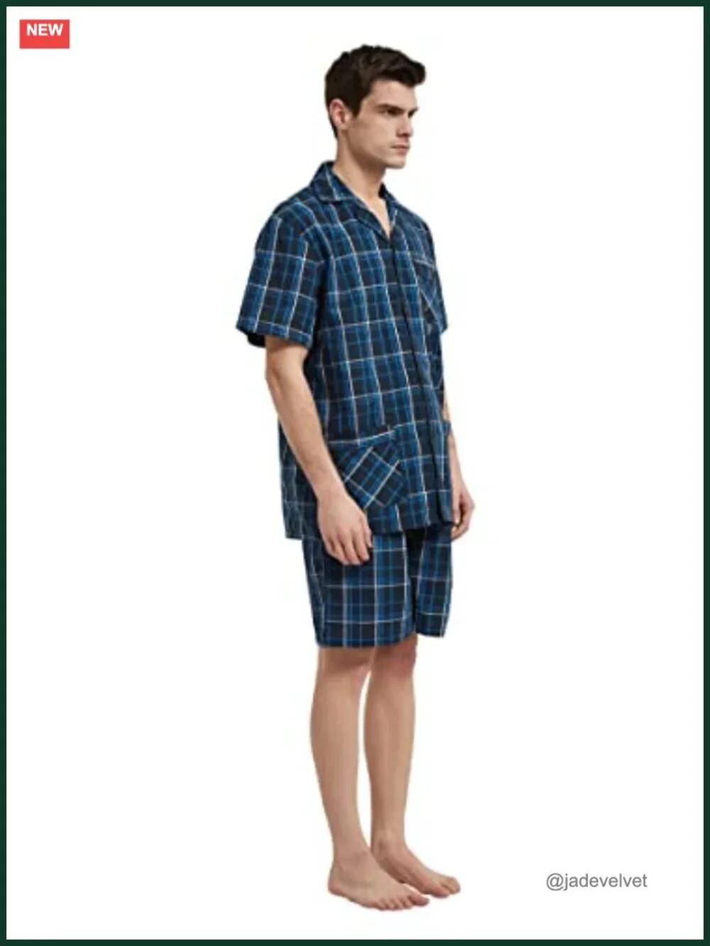 100% Cotton Mens Short Pajama Set Summer Loungewear Plaid Sleepwear